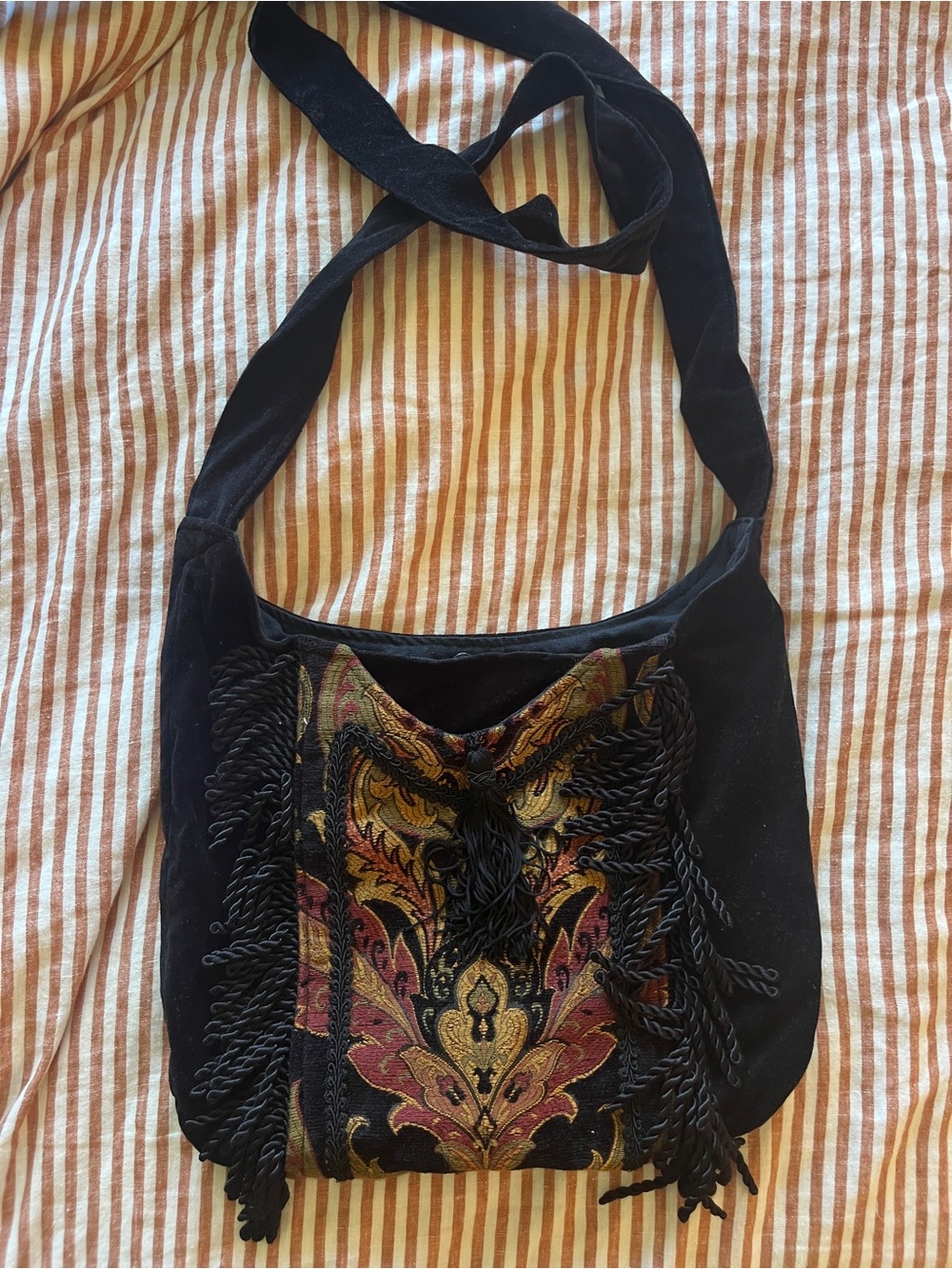Hand made Black Velvet Shoulder Bag with Gold and Burgundy Tapestry Accent
